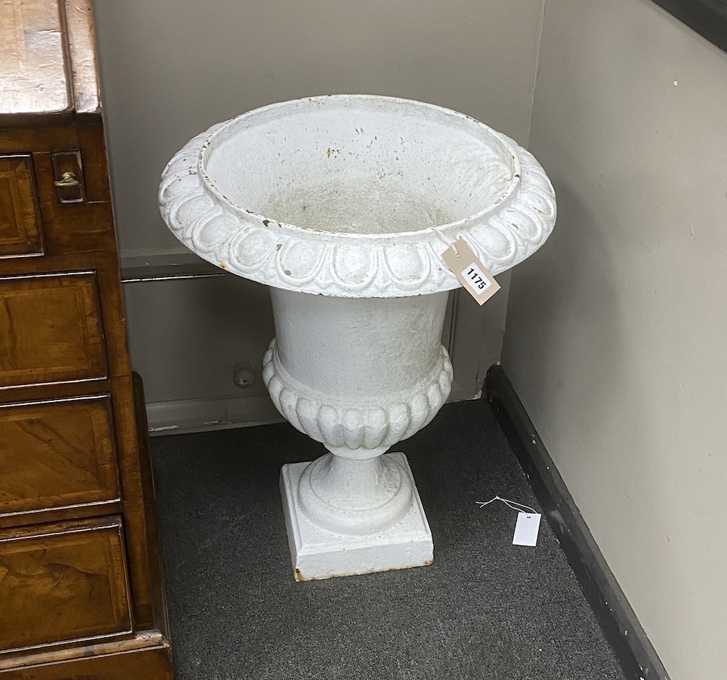 A pair of Victorian cast iron campana garden urns, diameter 48cm, height 62cm